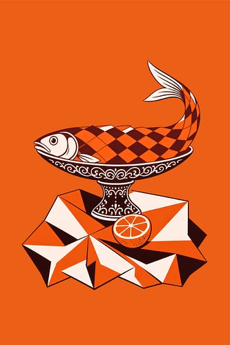 Fisch auf einer Schale mit Rautenmuster