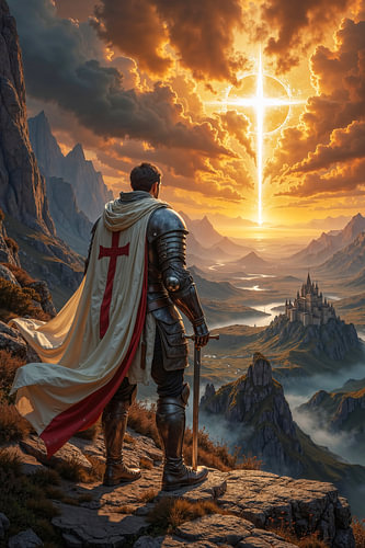 Dark Fantasy Wandbild: AELDRION – Der Kreuzritter erblickt das heilige Kreuz über seiner Burg