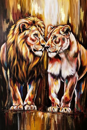 Expressieve leeuw en leeuwin schilderij