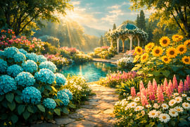 Romantischer Garten mit Pavillon – Idyllisches Wandbild voller Sommerblumen von ButterflyPix