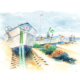 Bateaux de pêche sur la plage Portugal en aquarelle sur Atelier DT