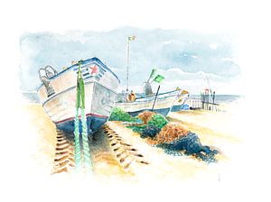 Bateaux de pêche sur la plage Portugal en aquarelle sur Atelier DT