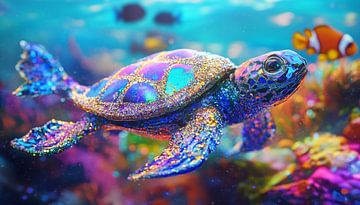 Schildpad van glitter en glas kleurrijk panorama