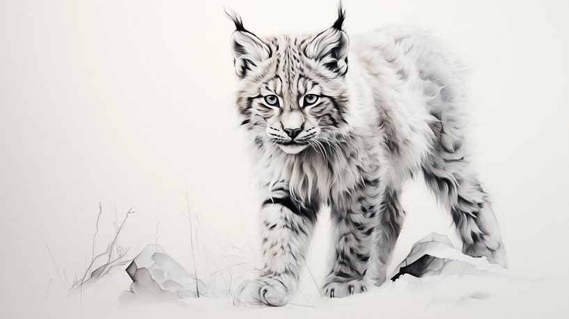 jeune lynx mignon -dessin, dessin au crayon de lynx dans le style vintage par Animaflora PicsStock