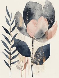 Botanical watercolour in pink, blue and gold by Japandi Art Studio