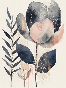 Botanisch aquarel in roze, blauw en goud van Japandi Art Studio