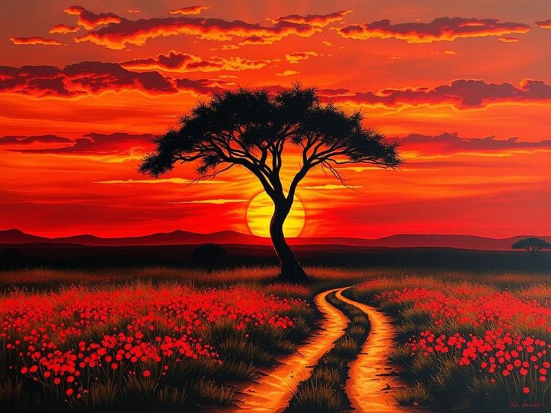 Un acacia solitaire se détachant sur un ciel orange flamboyant avec un chemin serpentant à travers un champ de fleurs rouges. par Artistic