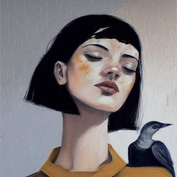Geïllustreerd portret: "Het meisje met de vogel" van Studio Allee