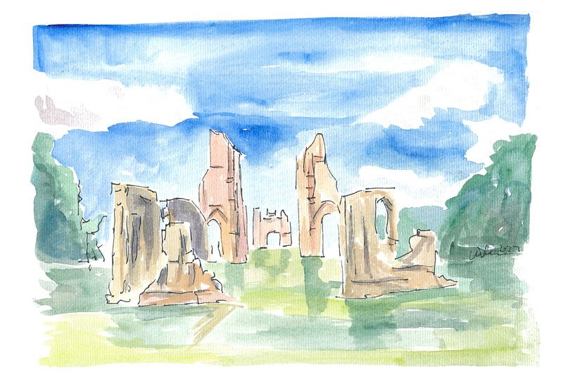 Glastonbury Abbey Ruïnes Aquarel Impressies van Markus Bleichner