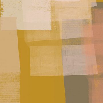 Abstract schilderij in oker, wit, roze, taupe I van Dina Dankers