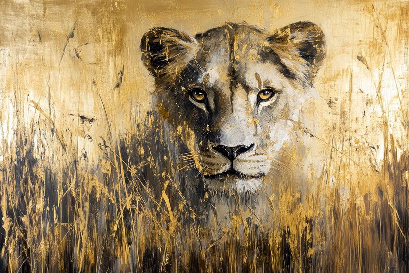 Powerful lion painting with gold accents by Digitale Schilderijen