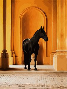 Cheval noir élégant Illustration minimaliste dans une arche dorée
