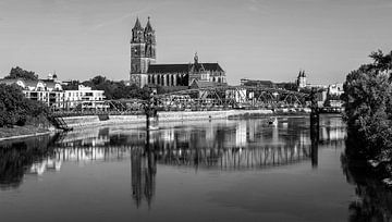 Magdeburg with old town skyline and historic lift bridge by Frank Herrmann