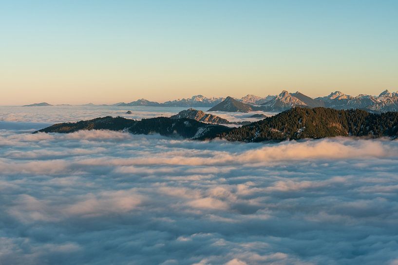Allgäu mountain view above the sea of fog during inversion weather by Leo Schindzielorz