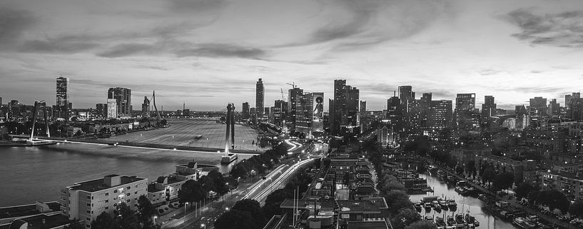 Ligne d'horizon Rotterdam panorama pendant coucher du soleil - Noir et blanc par Daan Duvillier | Dsquared Photography