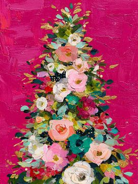 Bloemrijke kerstboom met goudaccenten op felroze achtergrond in expressieve schilderstijl