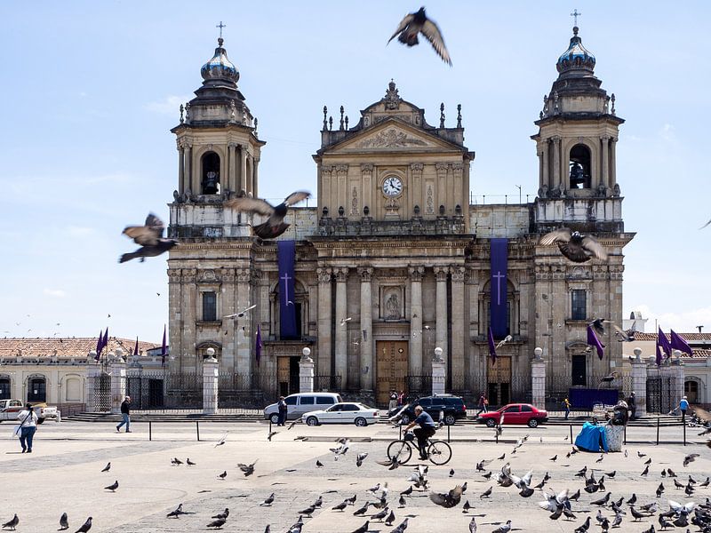 Kathedraal van Guatemala Stad met duiven en fietser op de voorgrond van Michiel Dros