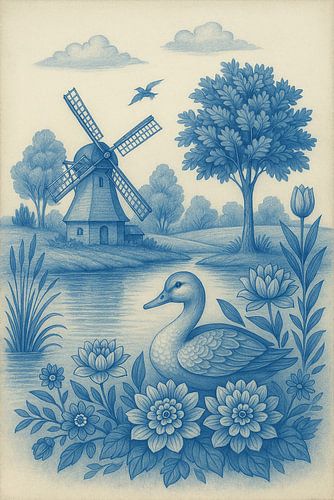Moulin bleu de Delft avec canard au bord de l'eau