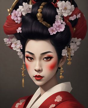 Geisha in Pastellfarben rot und rosa