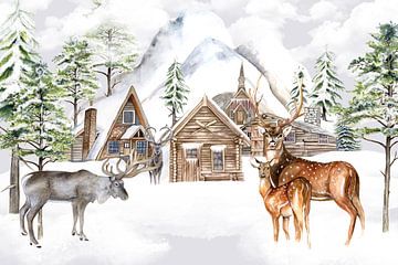 Deer and reindeer winter ski huts