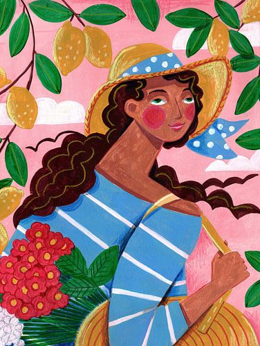 Portrait de femme aux couleurs vives avec des citrons