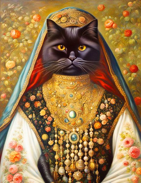 Fantasie-Perserkatze, auch Perserkatze genannt, im traditionellen persischen Kleid und Schmuck-7 von Carina Dumais
