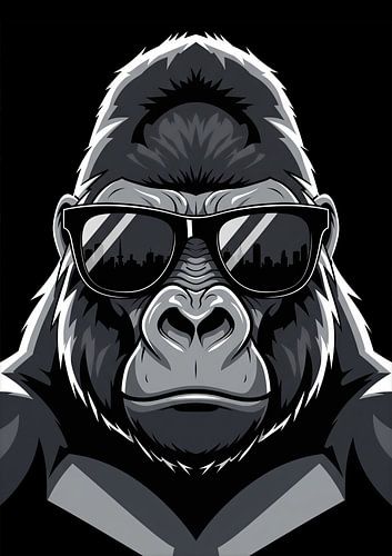 Grayscale Gorilla with Sunglasses and Cityscape Reflection