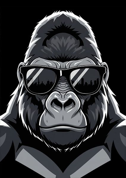 Grayscale Gorilla with Sunglasses and Cityscape Reflection by Markus Gann