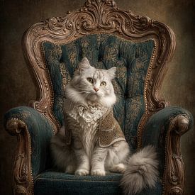 Weiße Katze auf Samtthron - Gemälde alter Meister von Joriali Fotografie und Gemälde
