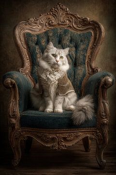 Weiße Katze auf Samtthron - Gemälde alter Meister