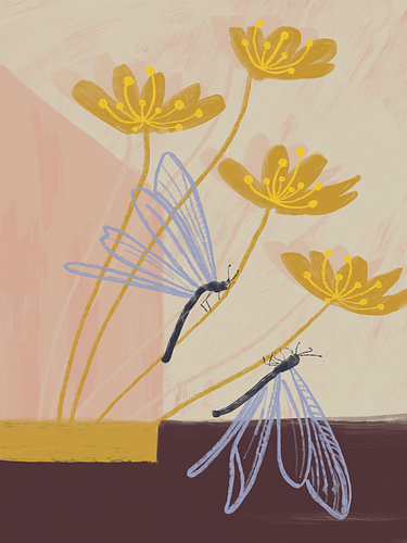 Anmutige Blumen und Libellen in einer verträumten Farbpalette