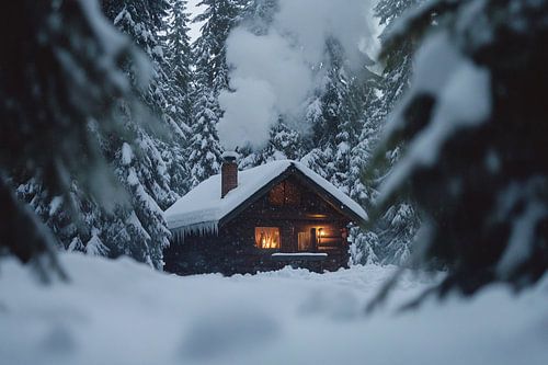 Knusse hut in winterlandschap