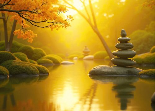 Stapel zenstenen die op elkaar balanceren in een Japanse tuin