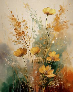 Gouden herfst schilderij: Bloemen en grassen van Studio Pieternel