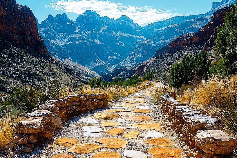 Paysage de montagne avec sentier de randonnée ensoleillé par Art & Soul Creations