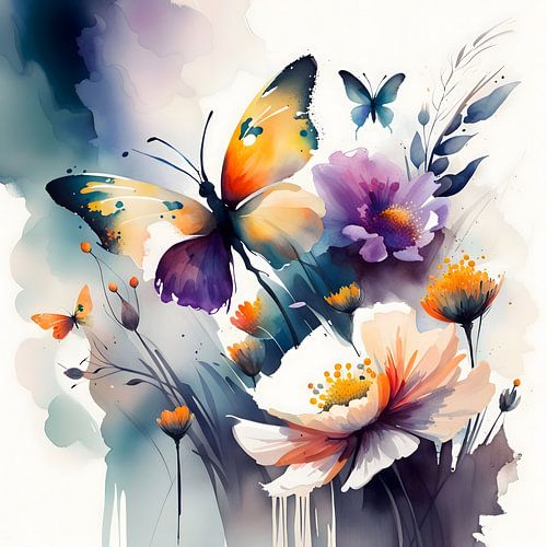Dance of Butterflies and Flowers - Dreamy Watercolour Artwork