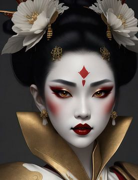 Geisha en tons dorés avec des fleurs dans les cheveux.