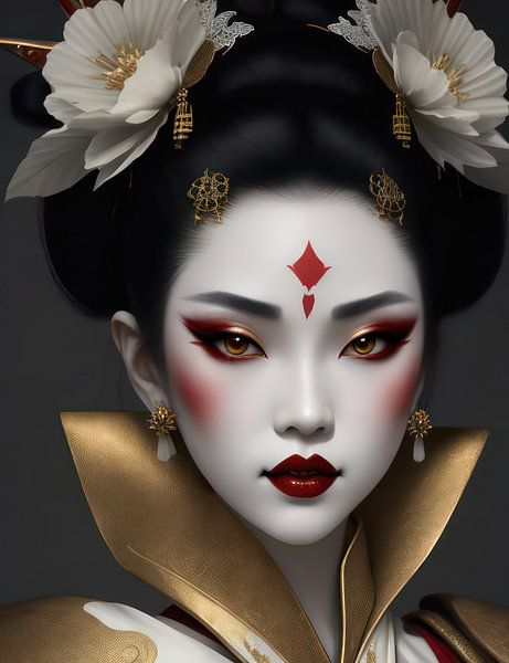 Geisha en tons dorés avec des fleurs dans les cheveux. par Brian Morgan
