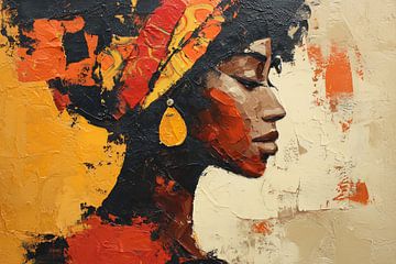 Portrait of a dark-skinned woman in warm, rich colours by Lauren Wilde