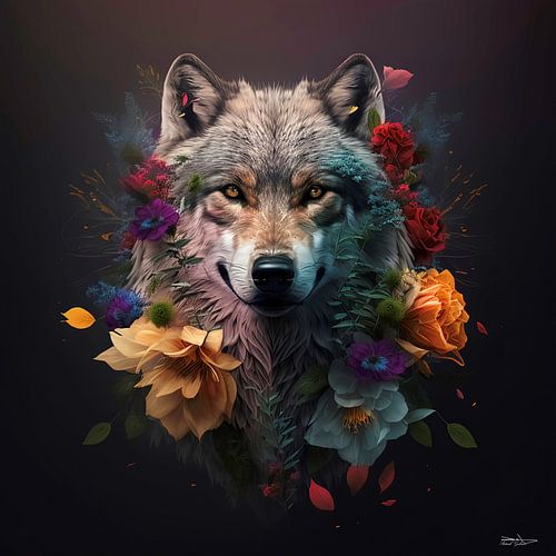 wolf met bloemen