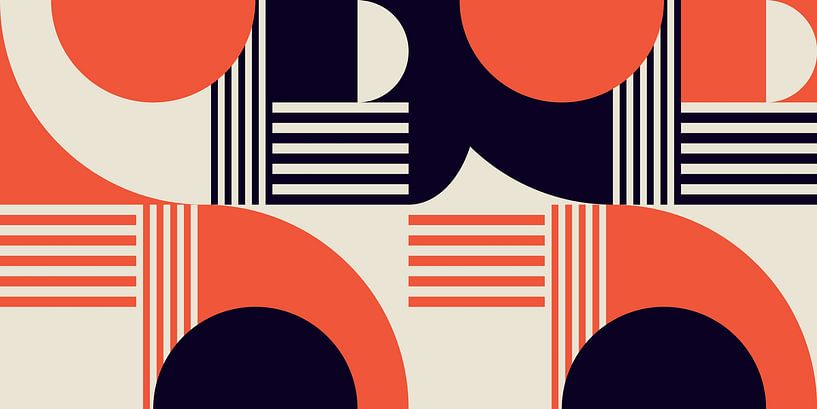Retro geometric artwork with circles and stripes in orange red, black by Dina Dankers
