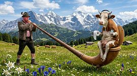 Alpenhumor: Die Kuh auf dem Thron
