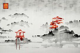 ZEN: Gelassene traditionelle orientalische Landschaft im Sumi-e-Stil