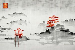 ZEN: Gelassene traditionelle orientalische Landschaft im Sumi-e-Stil