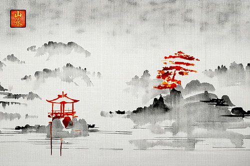 ZEN: Sereen traditioneel Oosters Landschap in Sumi-e stijl