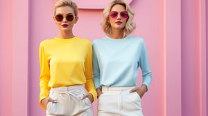 Zwei junge Frauen mit Sonnenbrille in farbenfroher Kleidung mit rosa Hintergrund im Pop-Art-Design