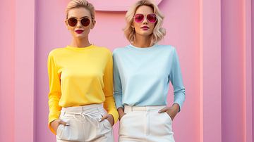 Twee jonge vrouwen met zonnebril in kleurrijke kleding met roze achtergrond in pop-art design van Animaflora PicsStock