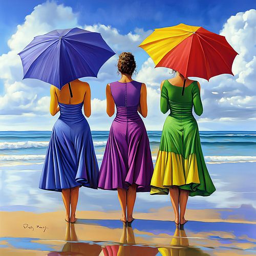 Frauen mit Sonnenschirmen am Strand in blau, gelb und rot