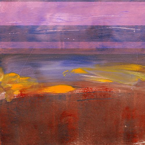 Modern abstract landschap in paars, blauw en terra