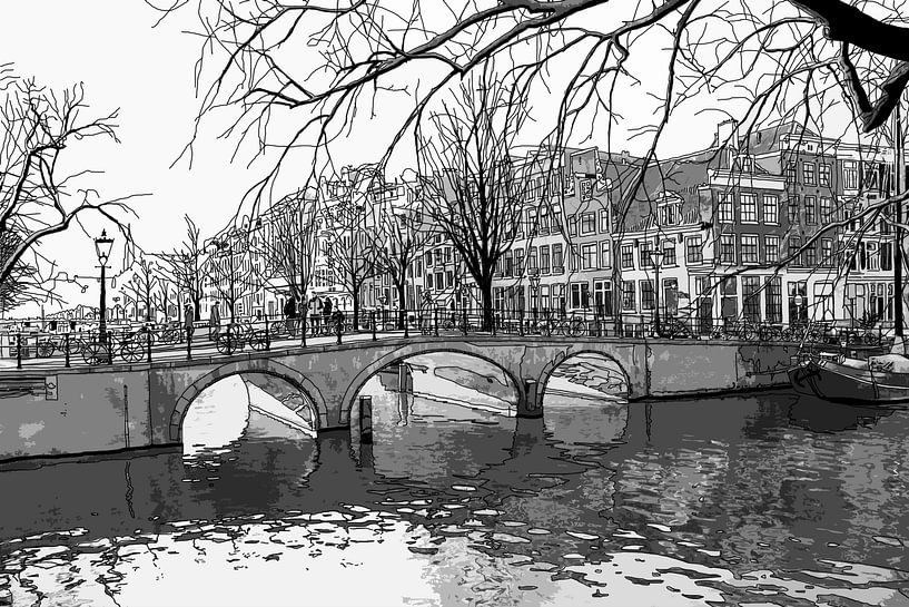 Aquarel Tekening Brouwersgracht Keizersgracht Amsterdam Pentekening Lijntekening van Hendrik-Jan Kornelis